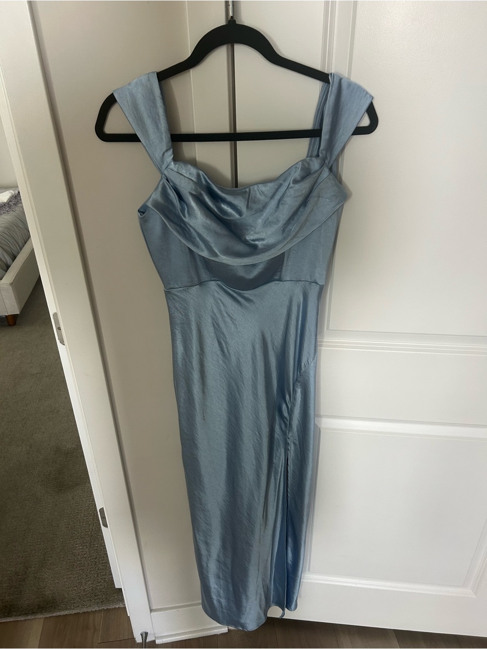Satin Cowl Midi Dress in Light Blue